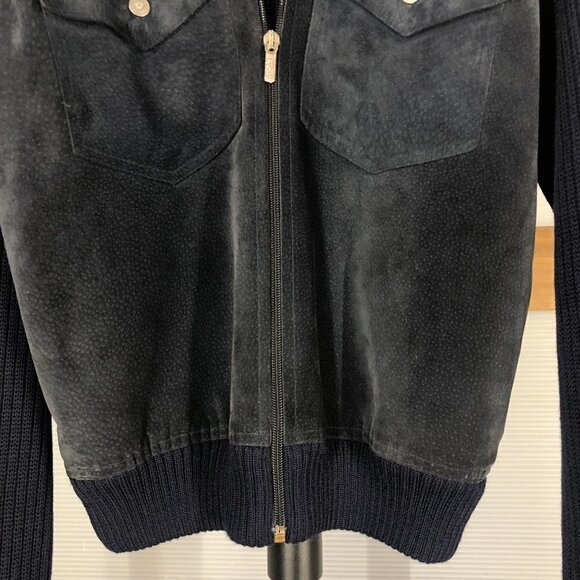 Versace JEANS‎ COUTURE VTG Wool Blend Knit Suede Leather Navy Jacket Sz S - Picture 6 of 16